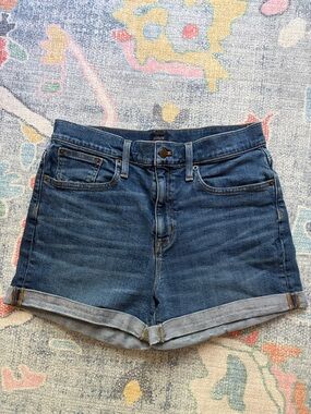 J Crew denim cuffed or raw hem shorts, 99% cotton, stretch. casual, preppy.